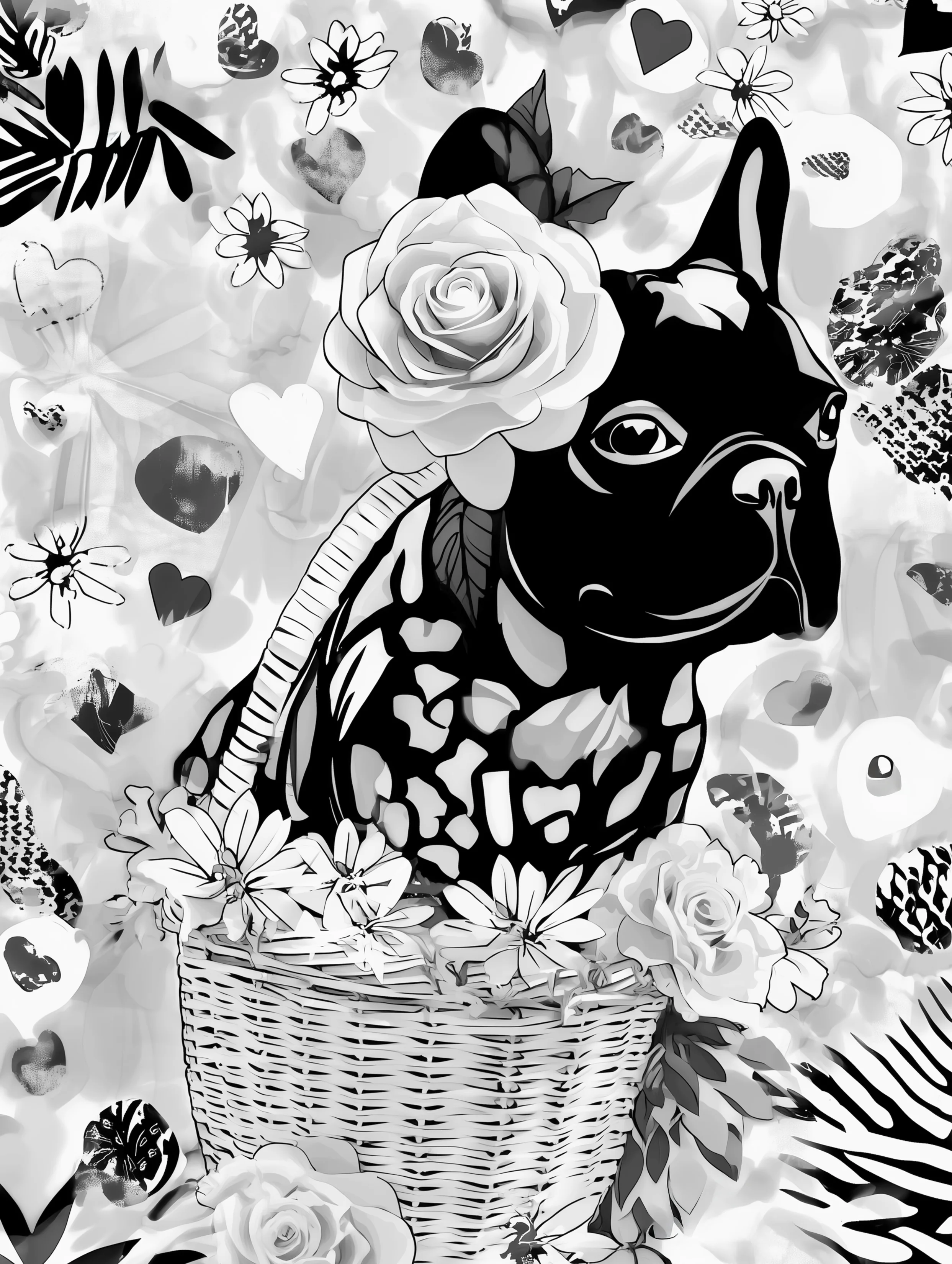 Free printable french bulldog coloring page featuring a frenchie sitting in a basket